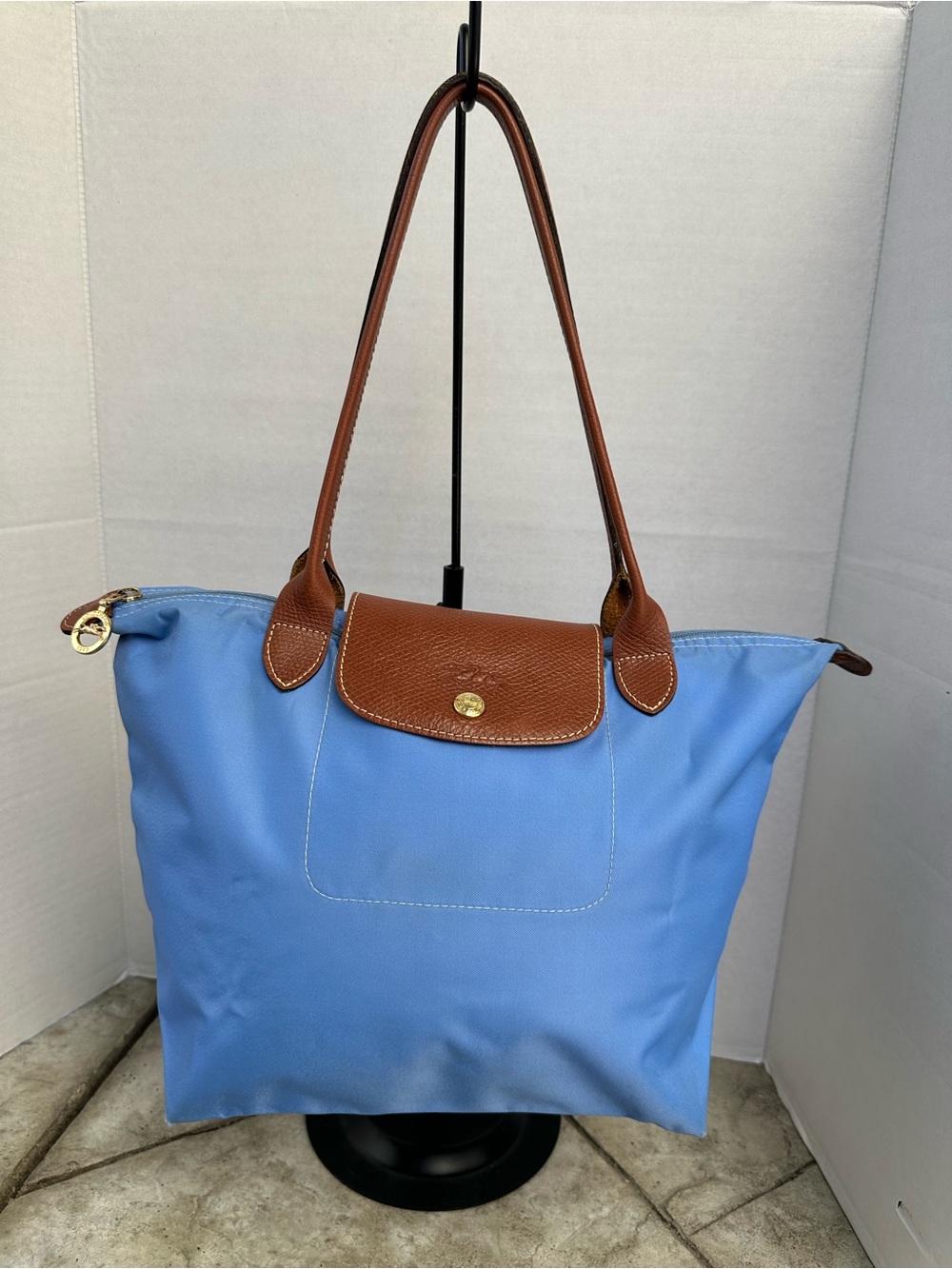 Longchamp Le Pliage Shopping Tote Light Blue Nylon with Brown Leather Trim